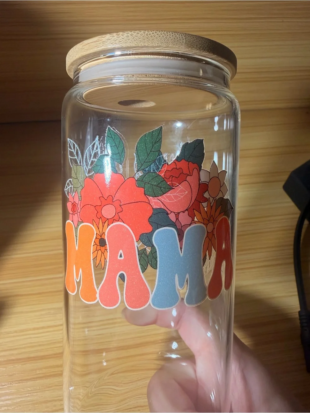 Mama Floral Glass Tumbler with Bamboo Lid and Straw - Clear/Orange/Green